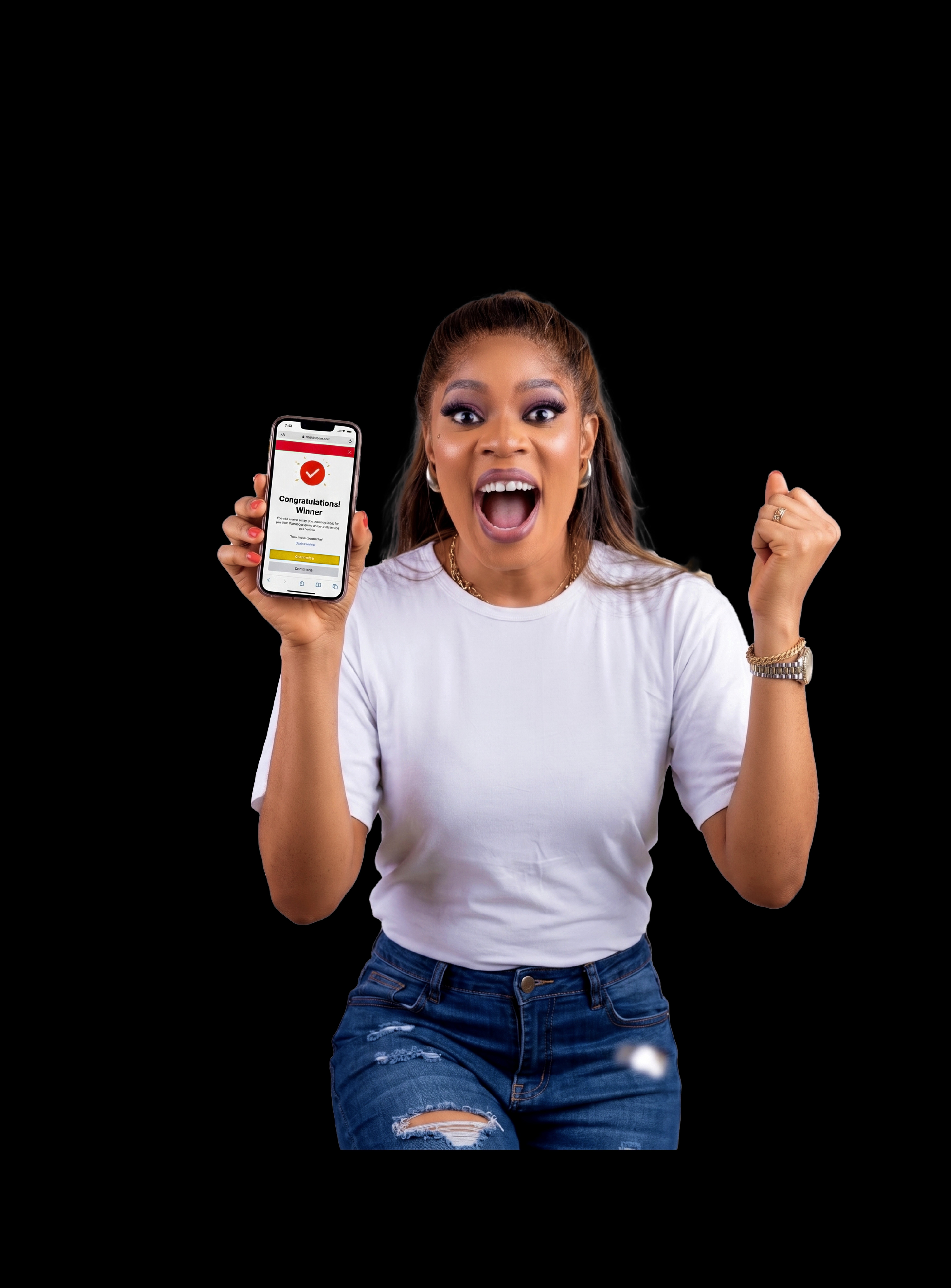 A player celebrating a winning notification on her phone